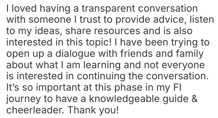 A handwritten note expressing appreciation for open, transparent conversations and sharing resources, emphasizing the importance of dialogue with friends and family about learning and personal growth.