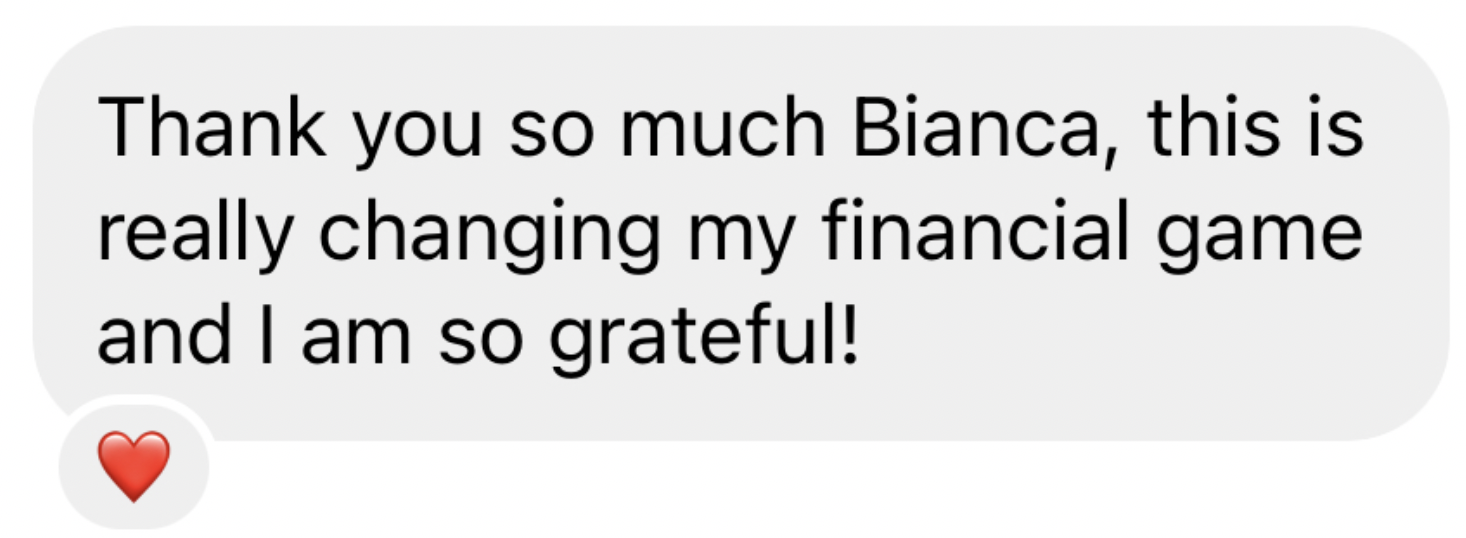 A screenshot of a text message expressing gratitude, with a red heart emoji at the bottom left.