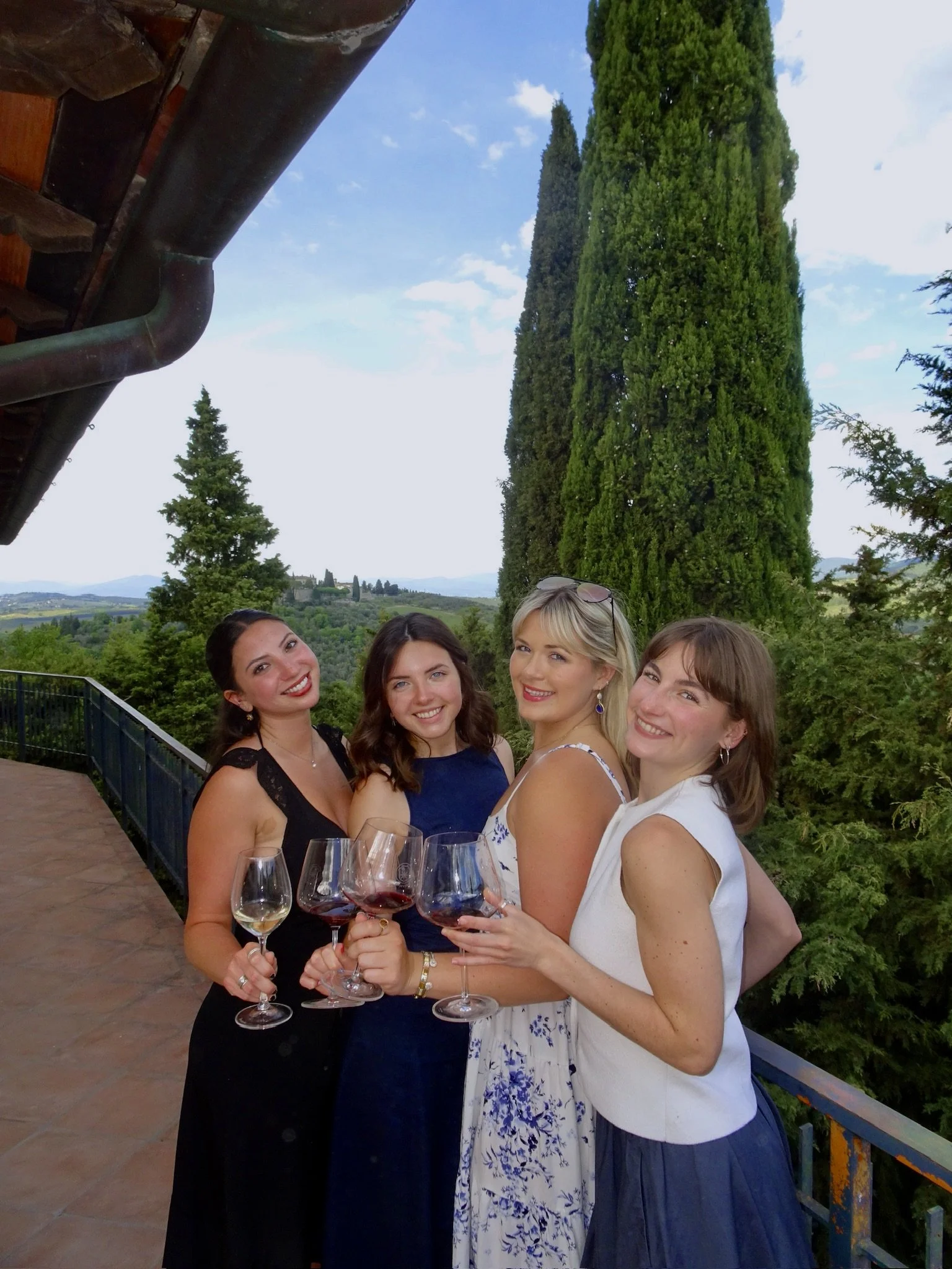 Four women smiling and holding glasses of wine, standing outdoors on a balcony with a scenic landscape in the background, including tall trees and hills under a partly cloudy sky.
