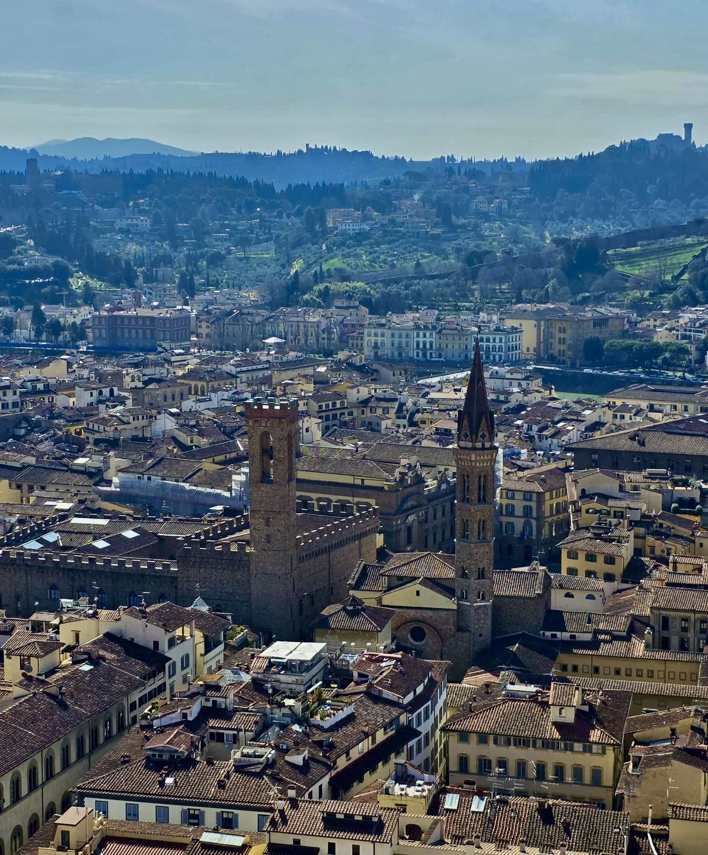 Cityscape of Florence, Italy, featuring historic buildings, a church with twin towers, and rolling hills in the background under a clear sky.