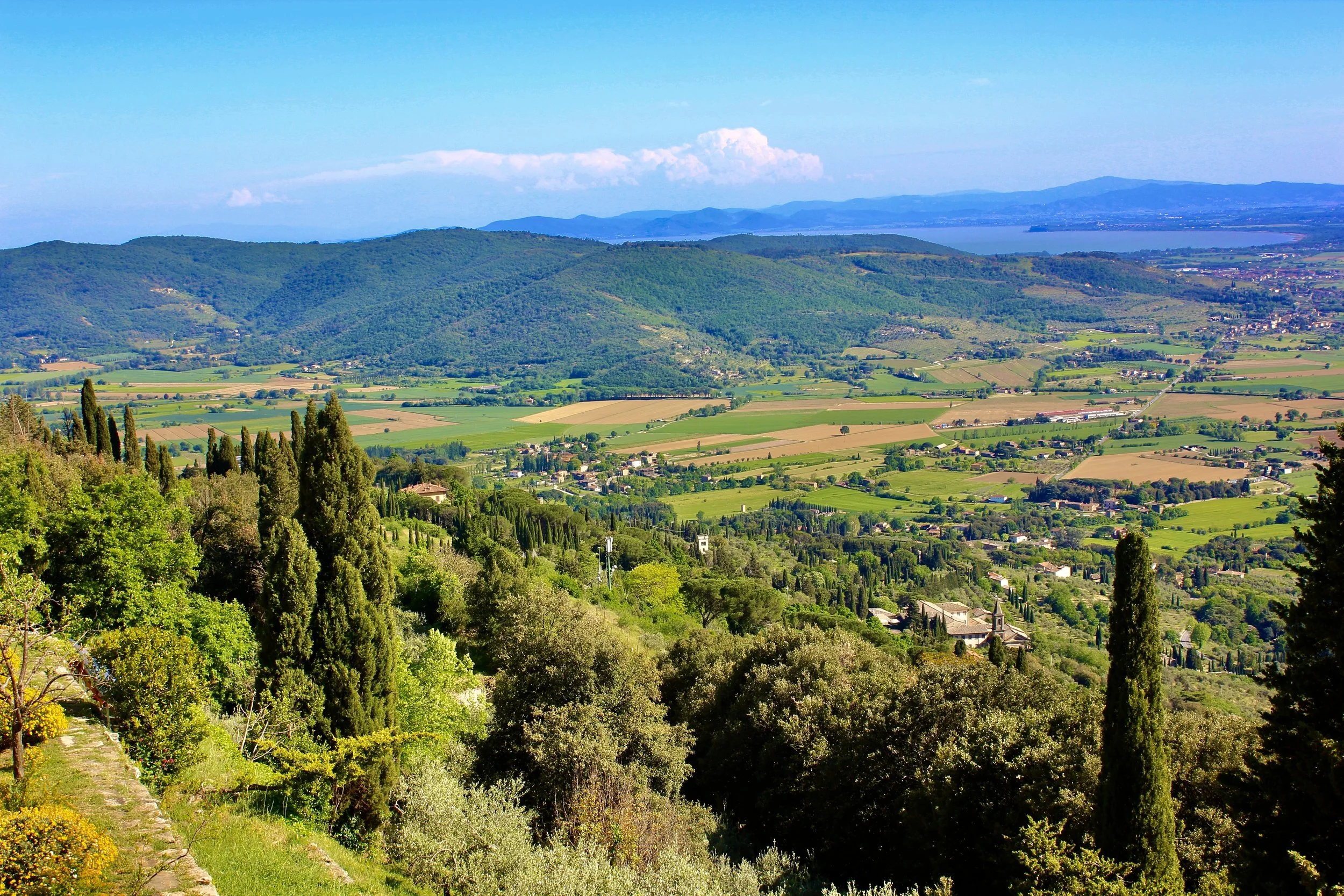 Scenic landscape with green hills, cultivated fields, and small houses, with mountains and a lake in the background under a blue sky with some clouds.