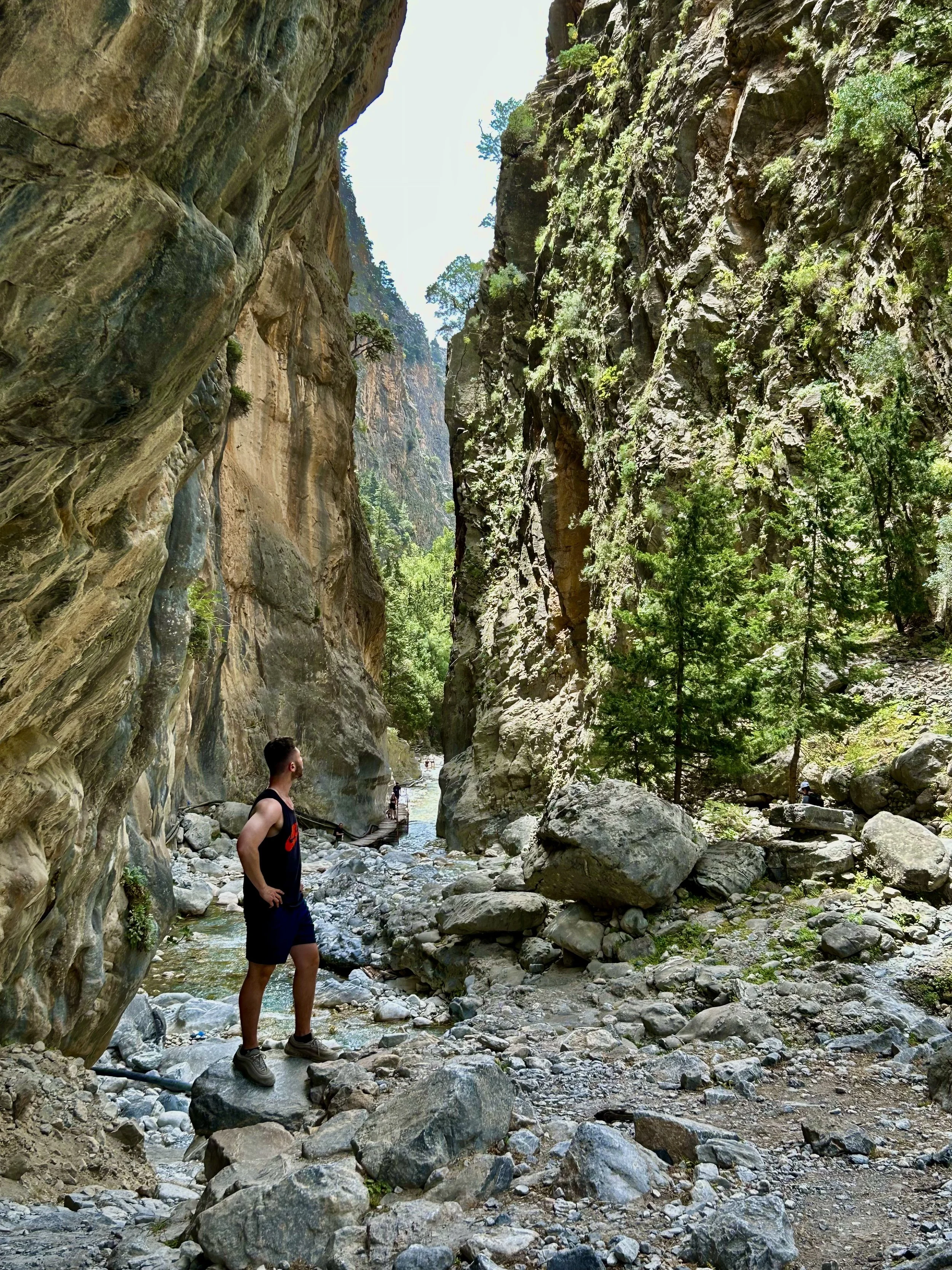 A man standing on rocks in a narrow canyon with tall, rugged rock walls and sparse greenery.