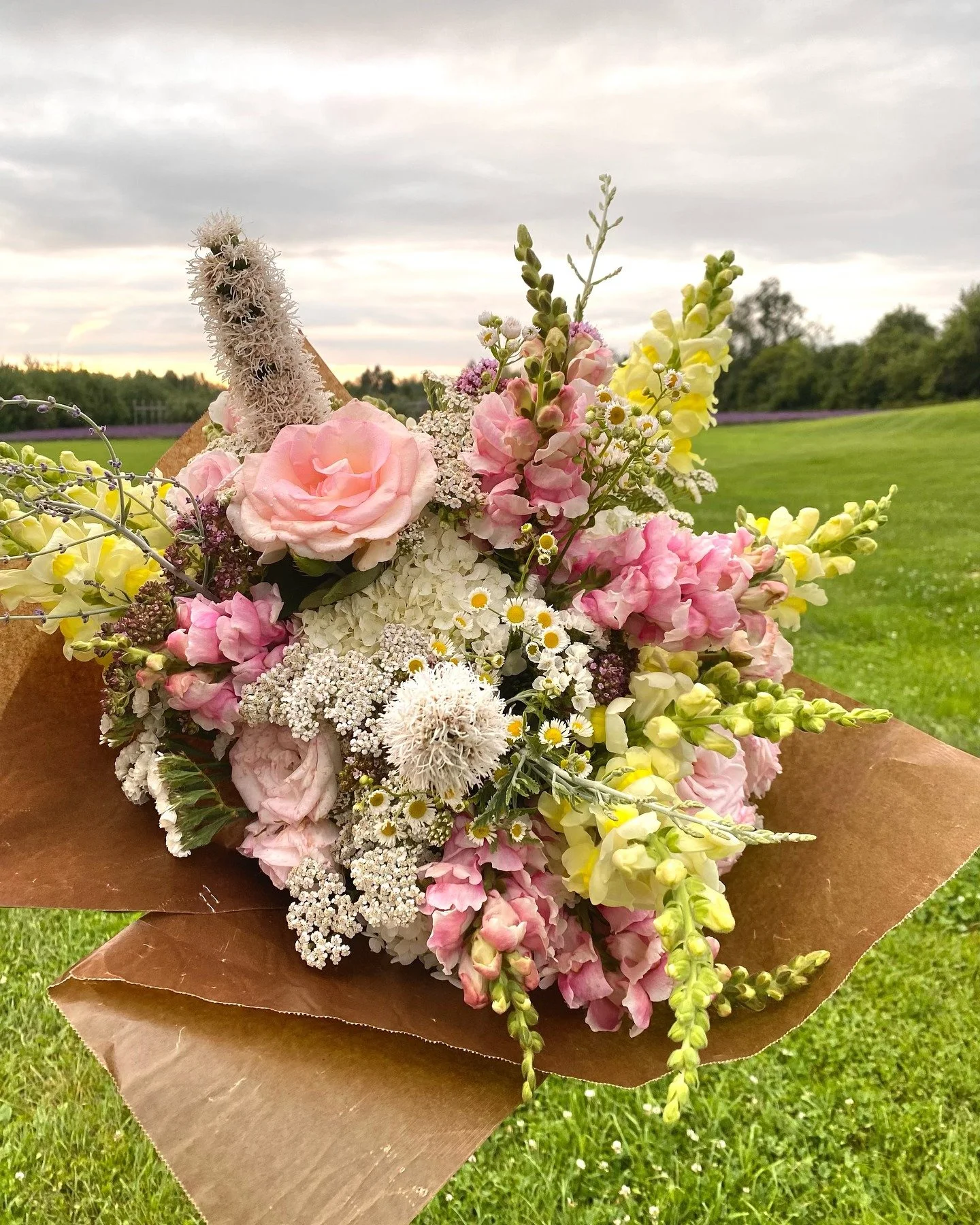 A bouquet of pink, white, and yellow flowers wrapped in brown paper, set against a grassy field and cloudy sky.
