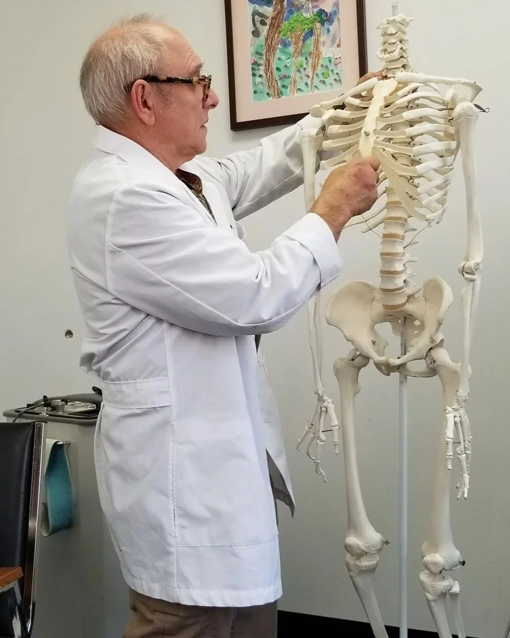 Roy Goldberg, Physical Therapist examining a skeleton