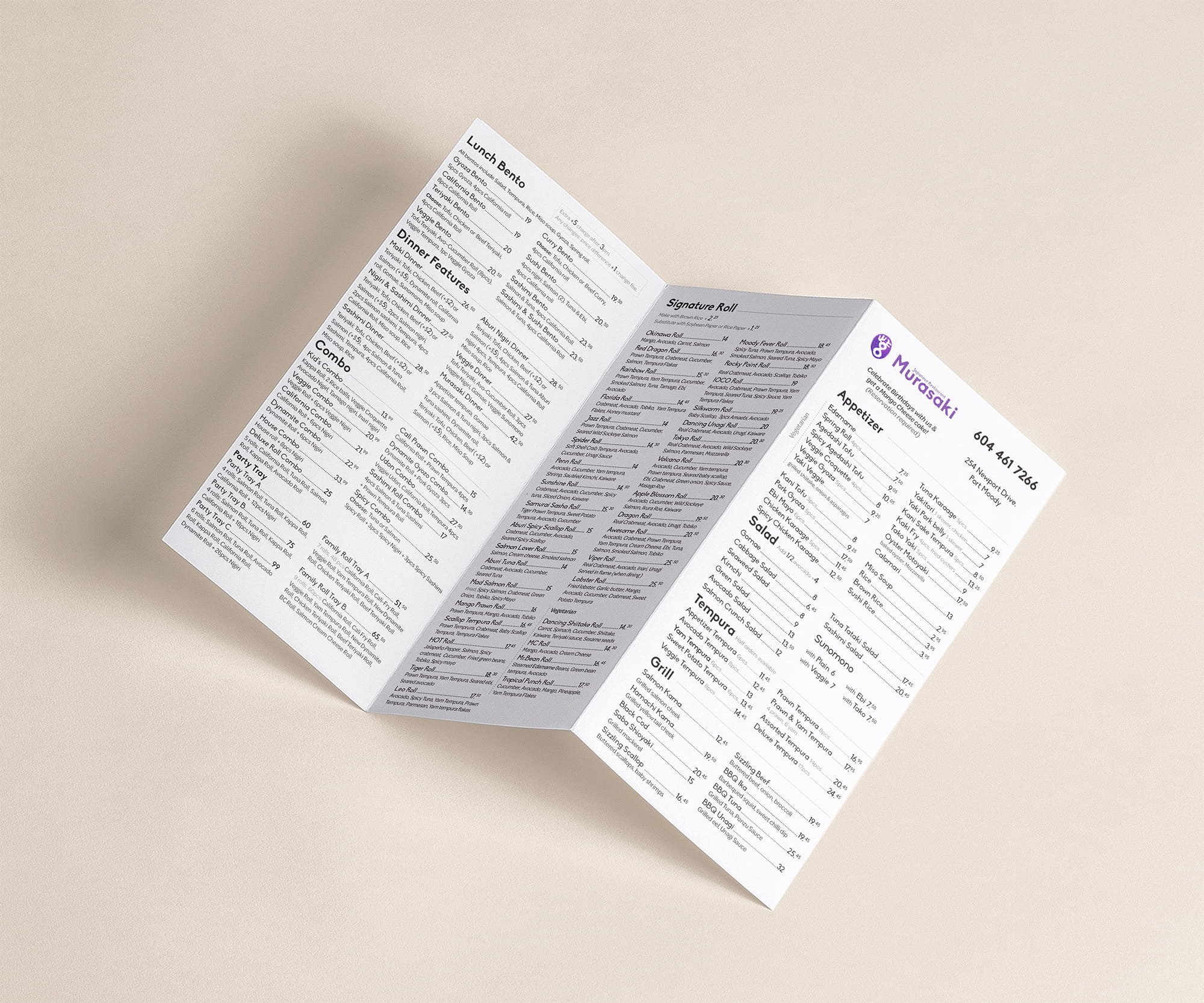 Murasaki Japanese restaurant's take-out menu.
