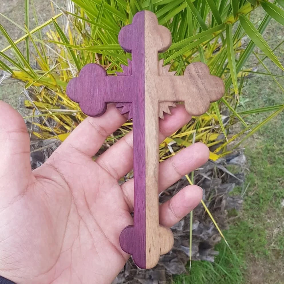 two toned coptic wall cross with rays purple heart walnut.jpg