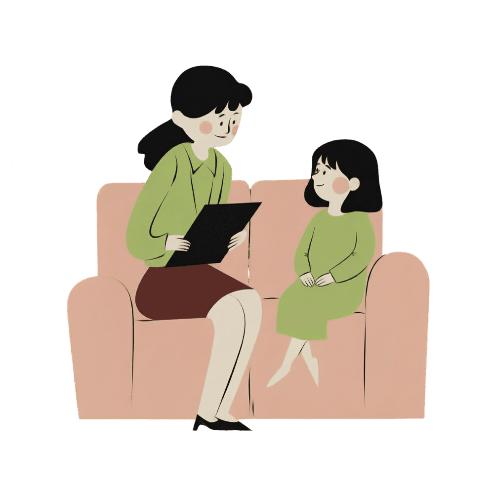 Graphic illustration of a young girl talking to a female therapist