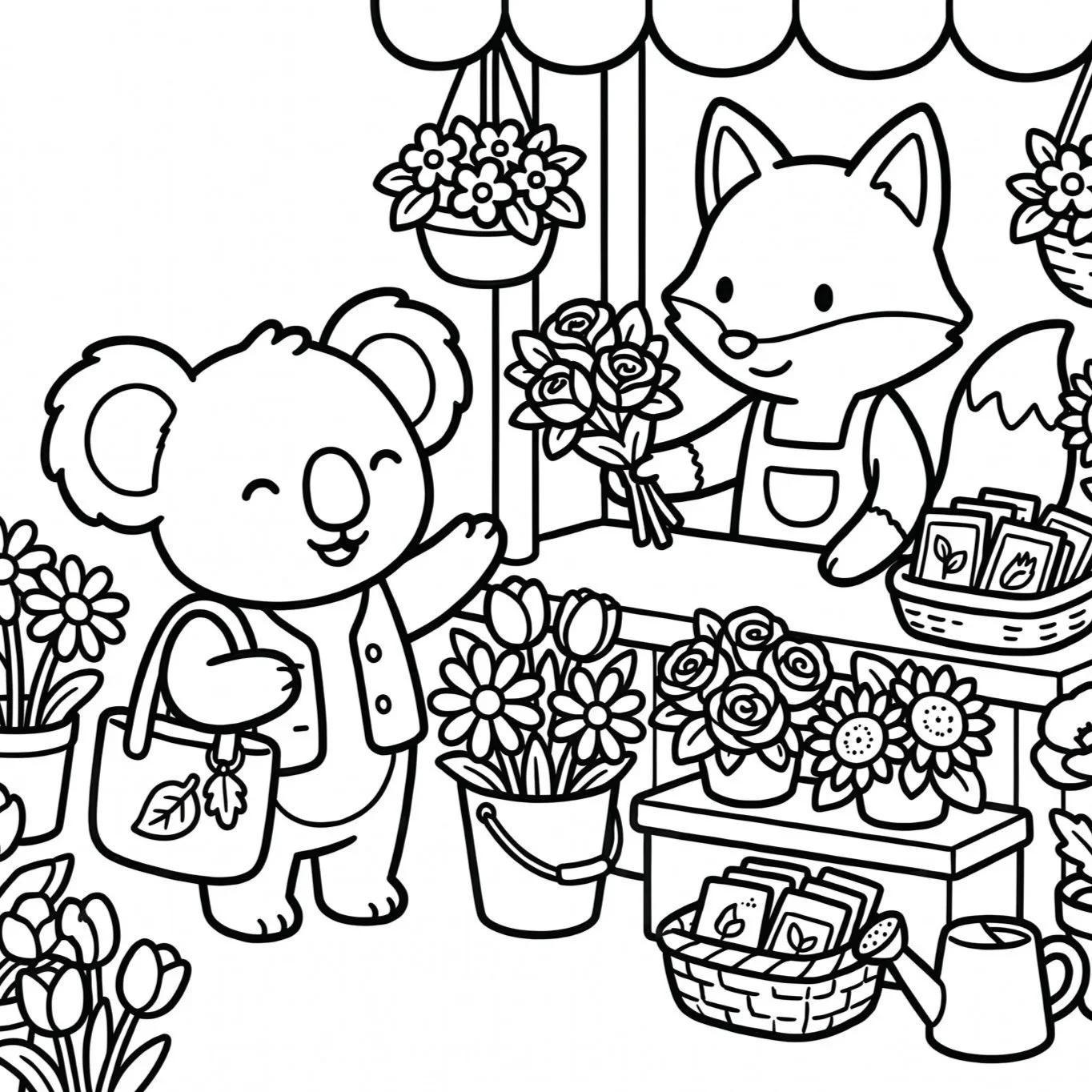 Black and white coloring page of a koala and a fox at a flower stand. The koala has a bag with a leaf on it and is smiling, while the fox is holding a bunch of flowers and has a sales microphone on its face. The stand is decorated with potted flowers