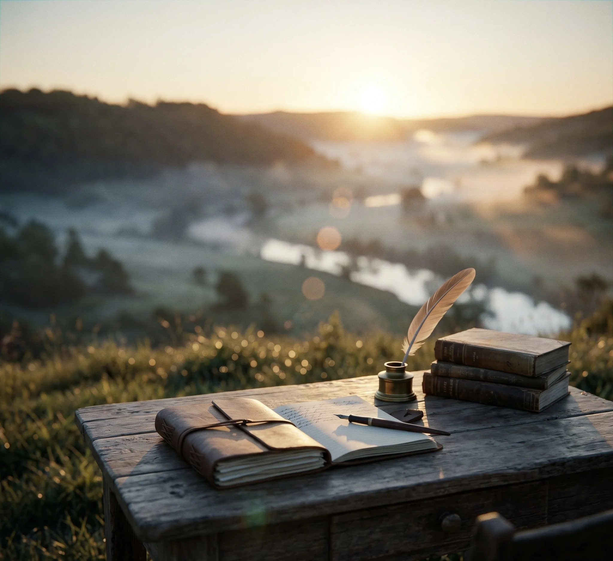 A wooden table outdoors at sunset with a stack of books, an open journal, a pen, a closed journal, and a feather quill holder with a feather in it.