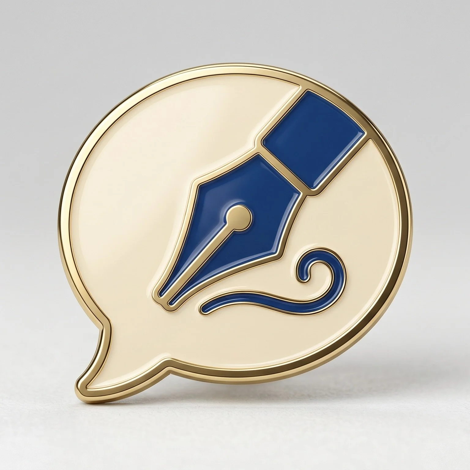 A decorative pin shaped like a speech bubble with a stylized pen inside, edged in gold and blue details.
