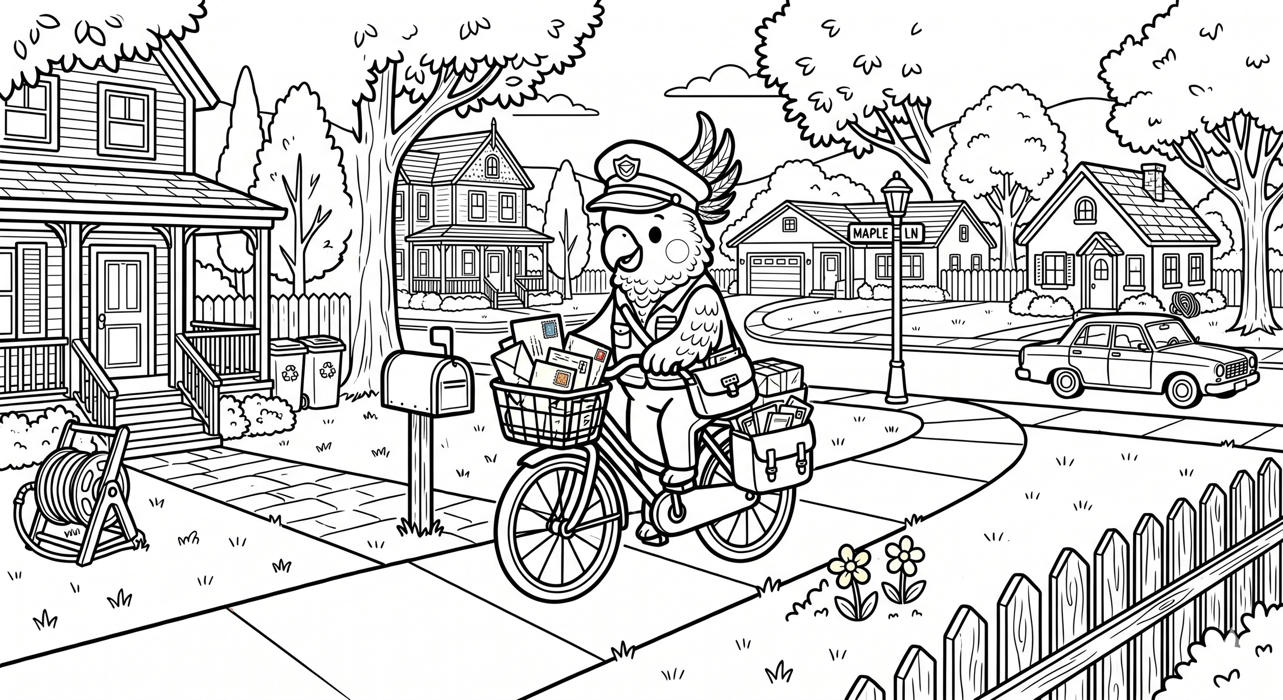 Black and white coloring page of a neighborhood scene with houses, trees, and a street. A bird in a police officer uniform riding a bicycle has mail and packages in a basket. There is a mailbox, a mailbox stand, a hose reel, and a street sign that reads 'MAPLE LN'.