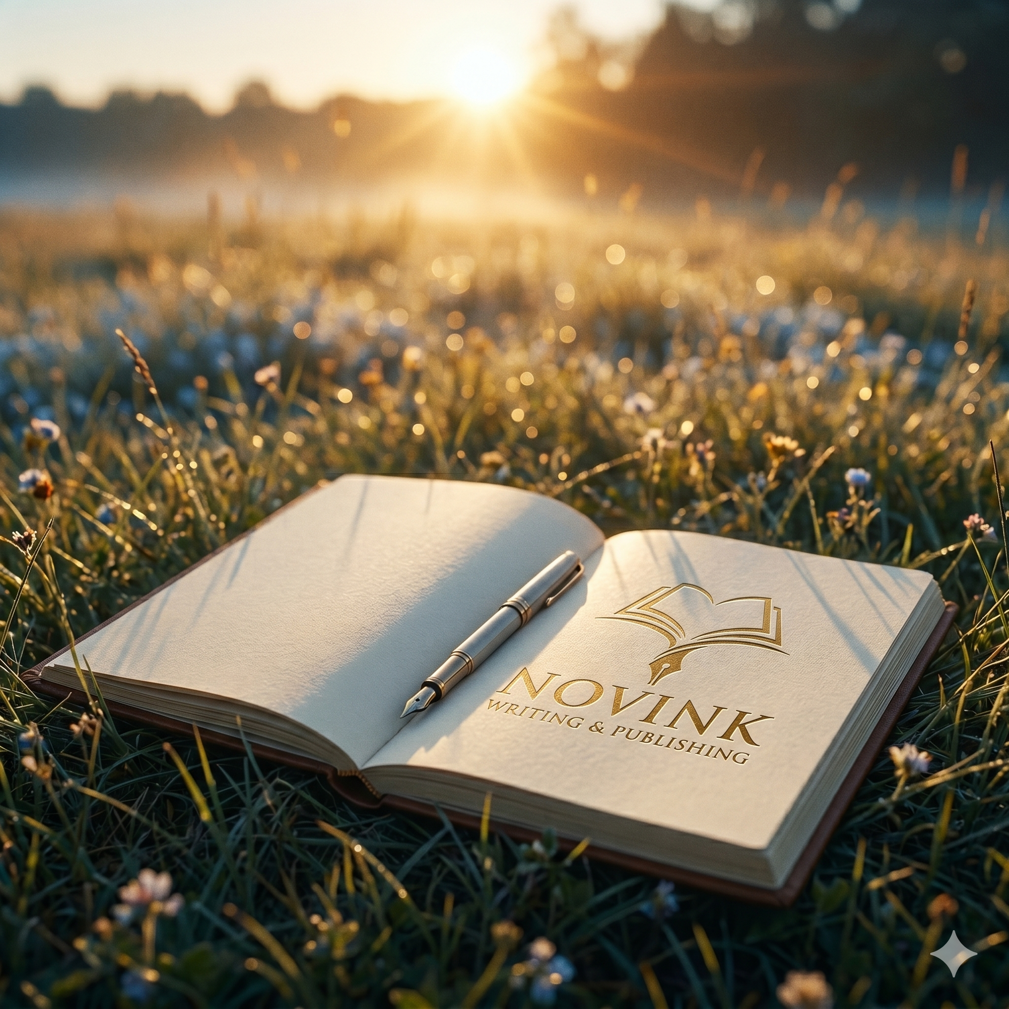 Open notebook with a pen resting on it, placed on grass during sunset.