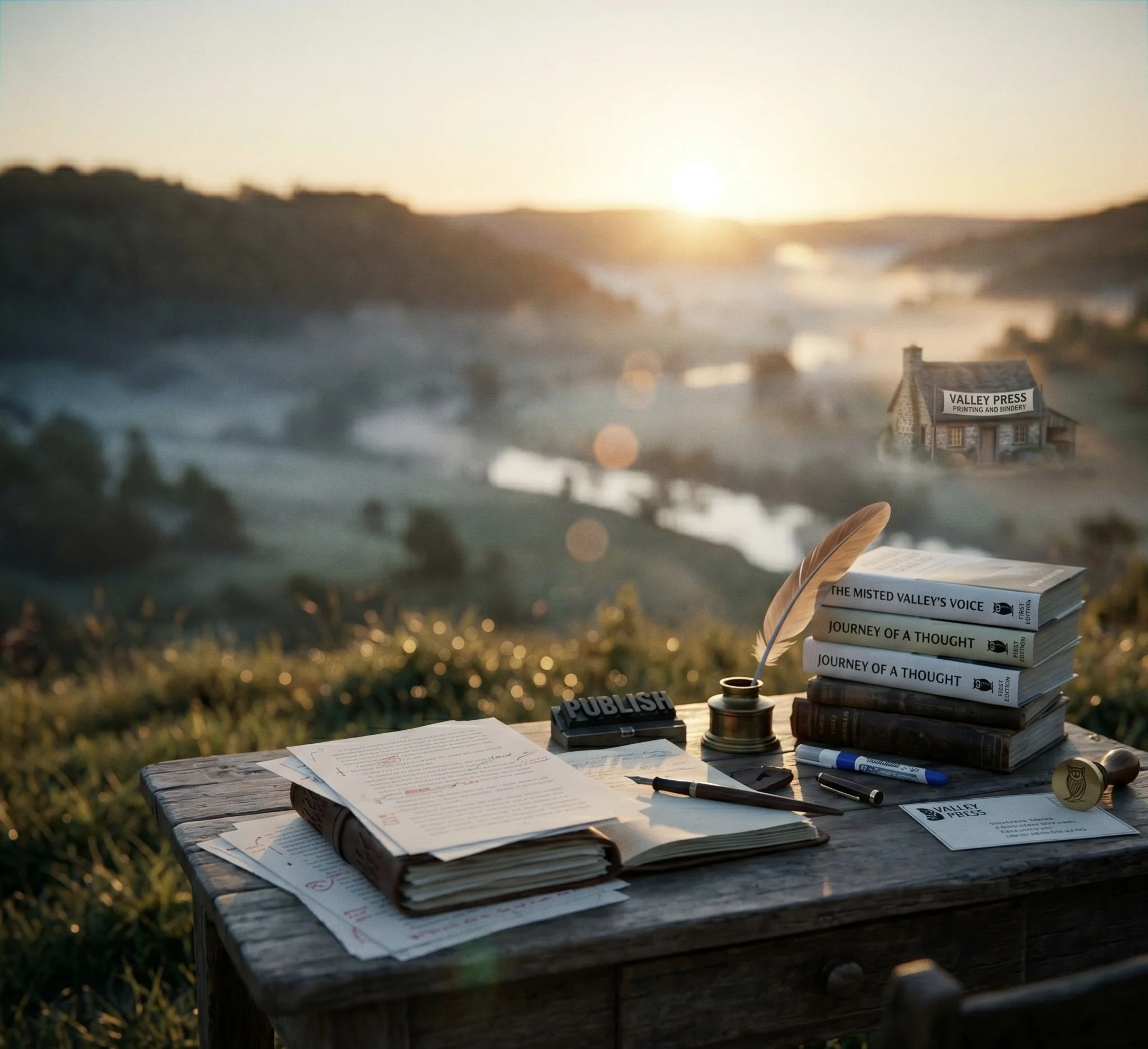 A rustic wooden table outdoors holds a stack of books, papers, and writing supplies, with a small sign reading 'PUBLISH'. In the background, a miniature building with a sign 'VALLEY PRESS PRINTING AND BINDERY' stands near a scenic landscape featuring
