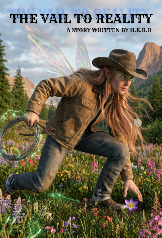 A girl dressed as a fairy, wearing a cowboy hat and a brown jacket, crouches in a vibrant flower field with glowing fairy wings and a magic lasso, set against a mountain backdrop, as part of a book cover titled "The Vail to Reality".