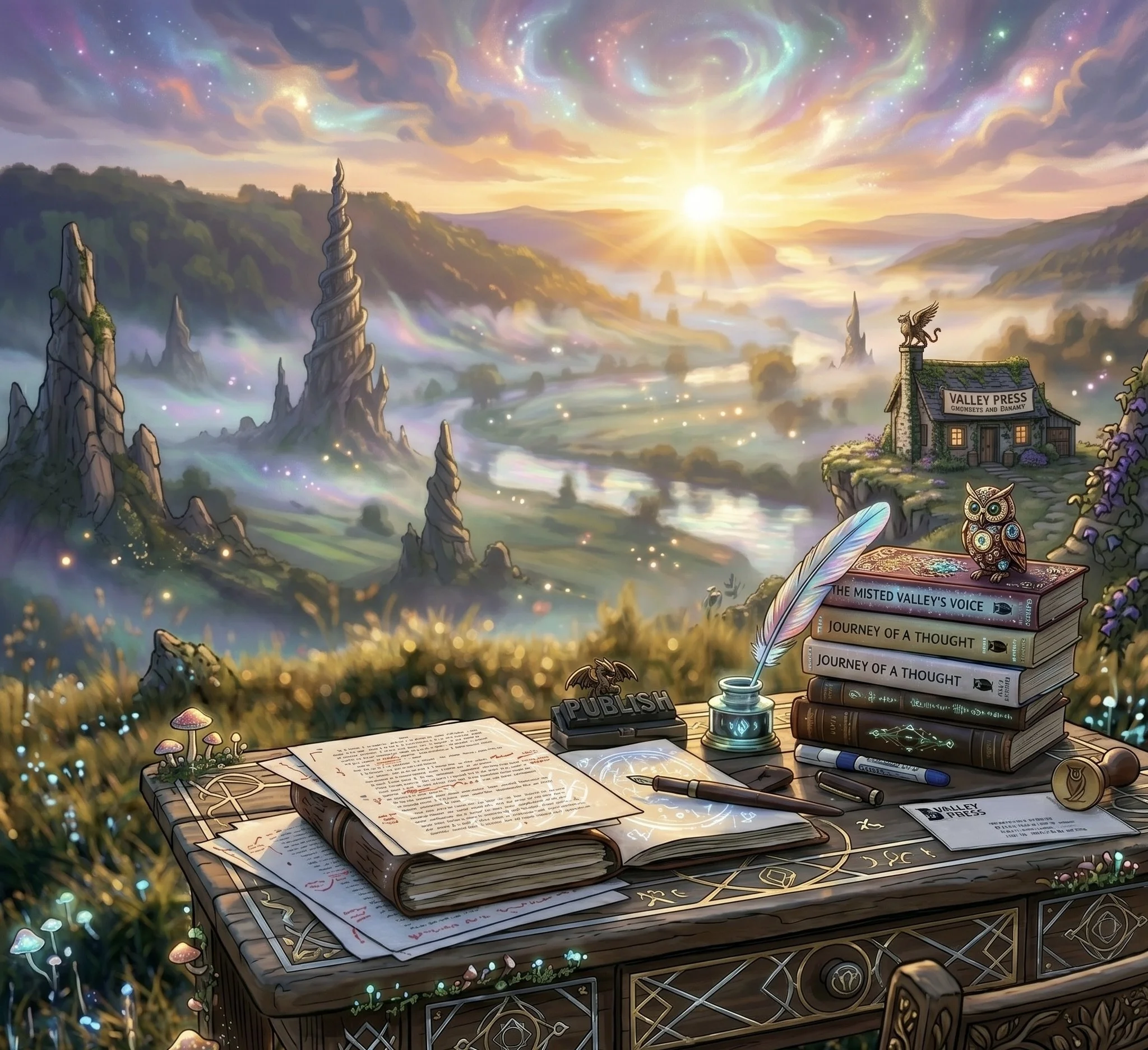 A mystical, enchanted study desk set against a fantasy landscape with a bright sunrise over mountains and misty valleys, decorated with books, magical artifacts, an owl figurine, and illuminated mushrooms.