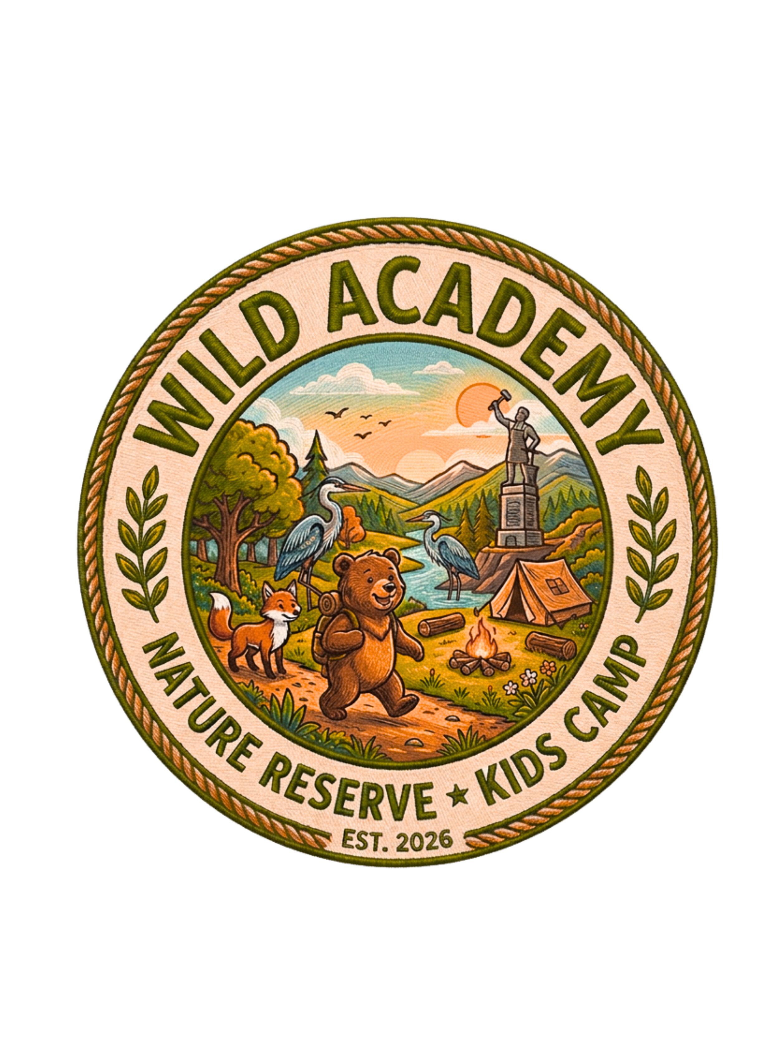 Seal for Wild Academy Nature Reserve, Kids Camp, featuring a mountain scene with trees, birds, a river, a bear, a fox, a heron, and a tent, with text around the border indicating the reserve's name and establishment year 2026.