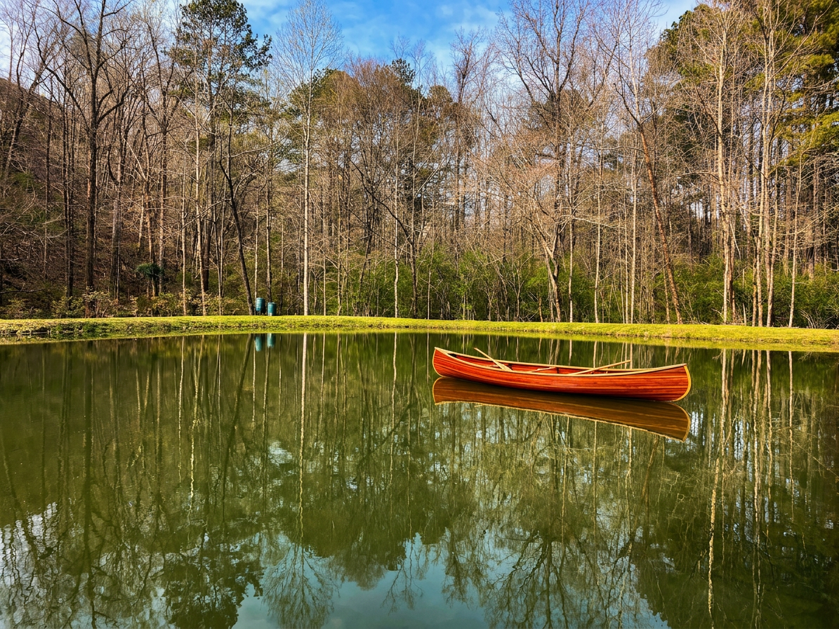 Firefly_Gemini Flash_Make look like a professional picture, put a canoe on the pond,dont add a beach make  11554837.png