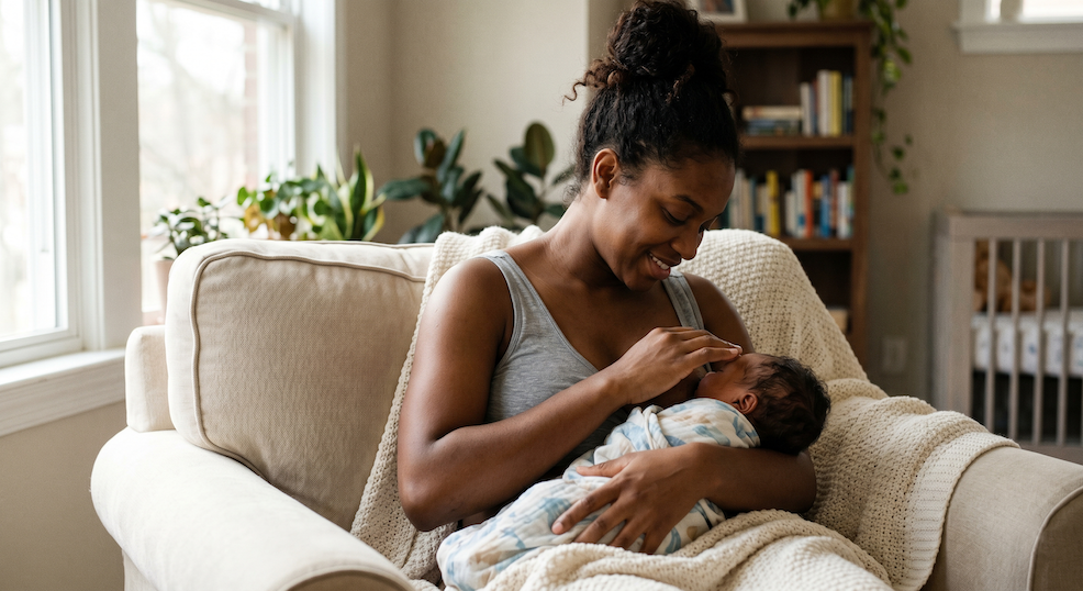 mother and baby freshly home after giving birth
