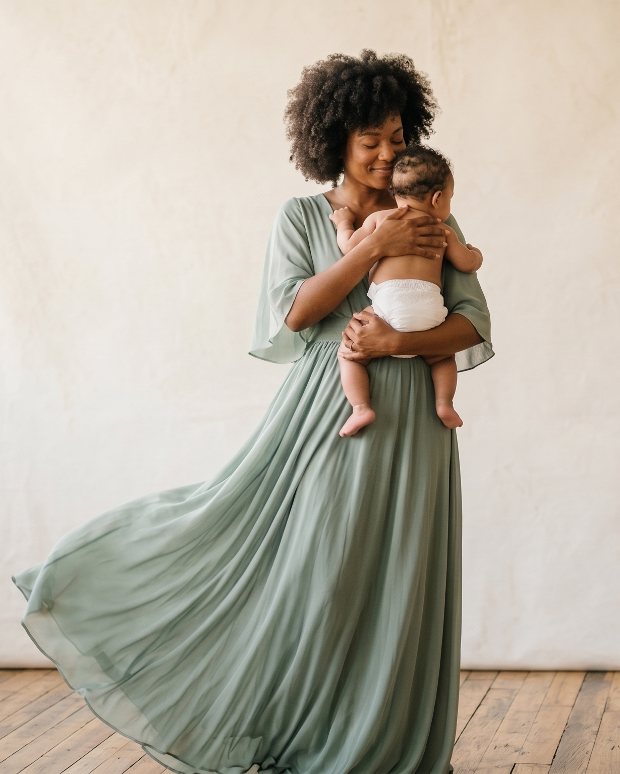 black mother lovingly holding newborn baby in photoshoot