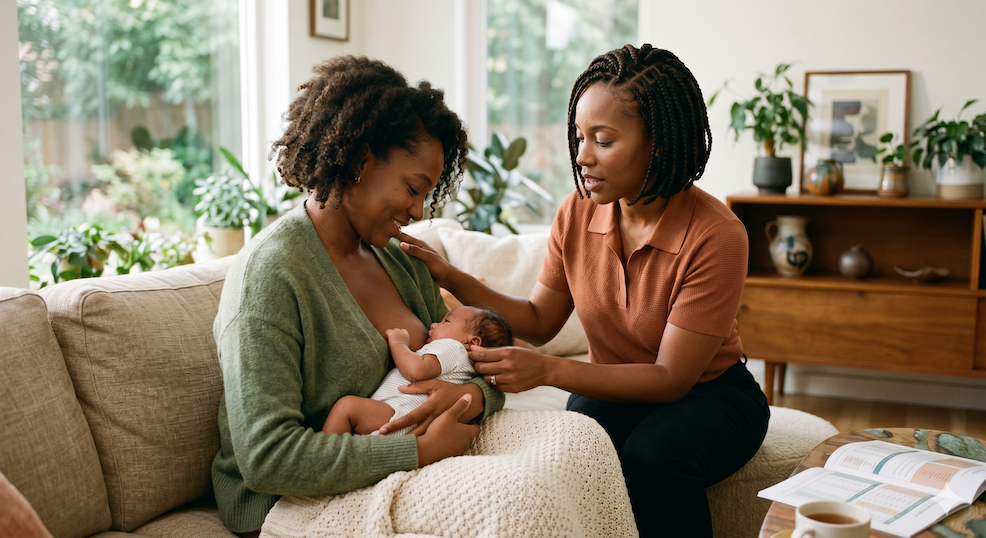 Mother receiving breast feeding guidance from lactation supporter
