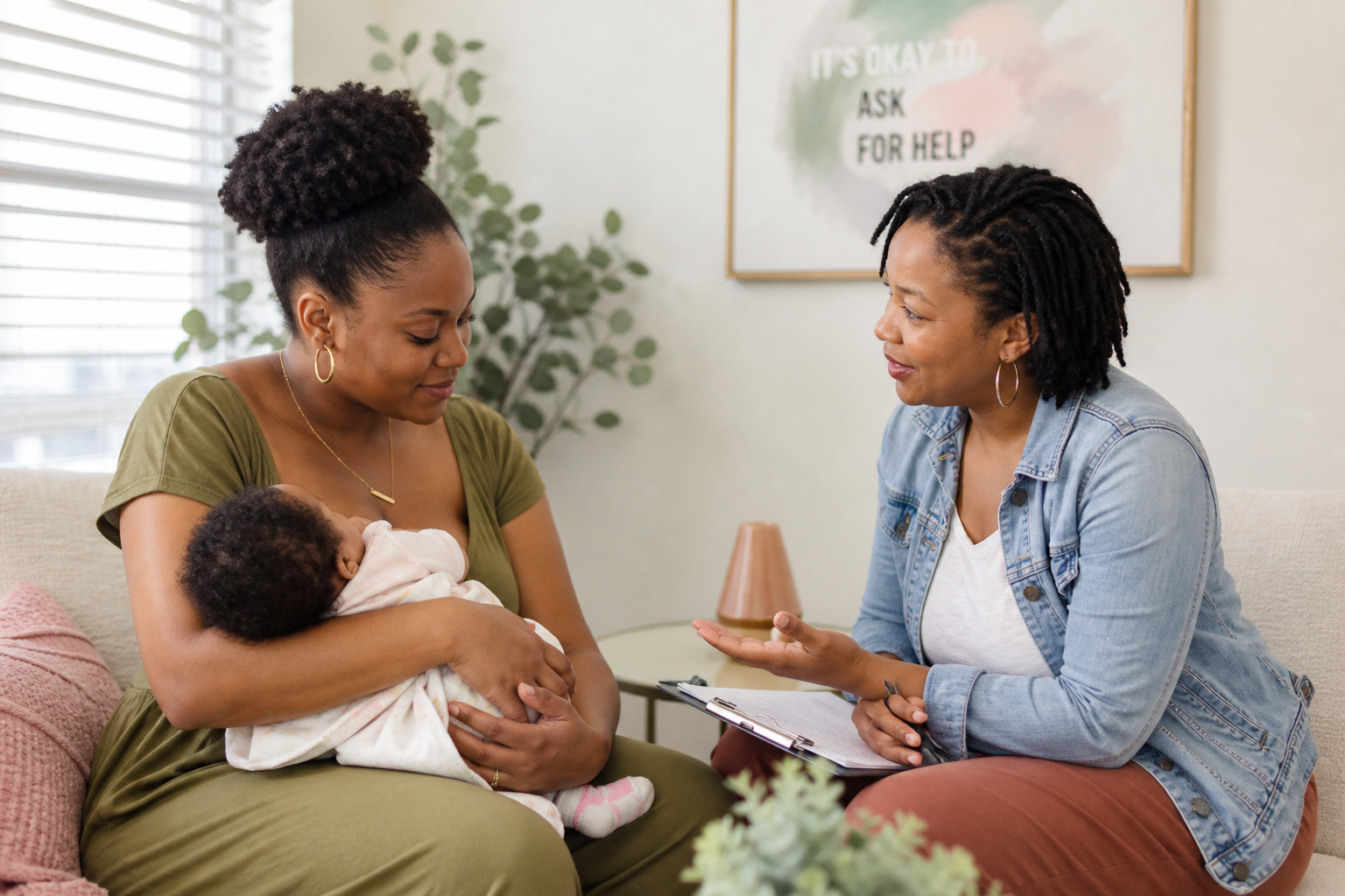 New mother sitting with her newborn baby and lactation supporter