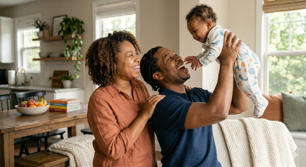 family laughing and smiling at baby in living room