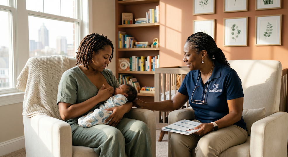 mother breast feeding baby, lactation supporter assisting