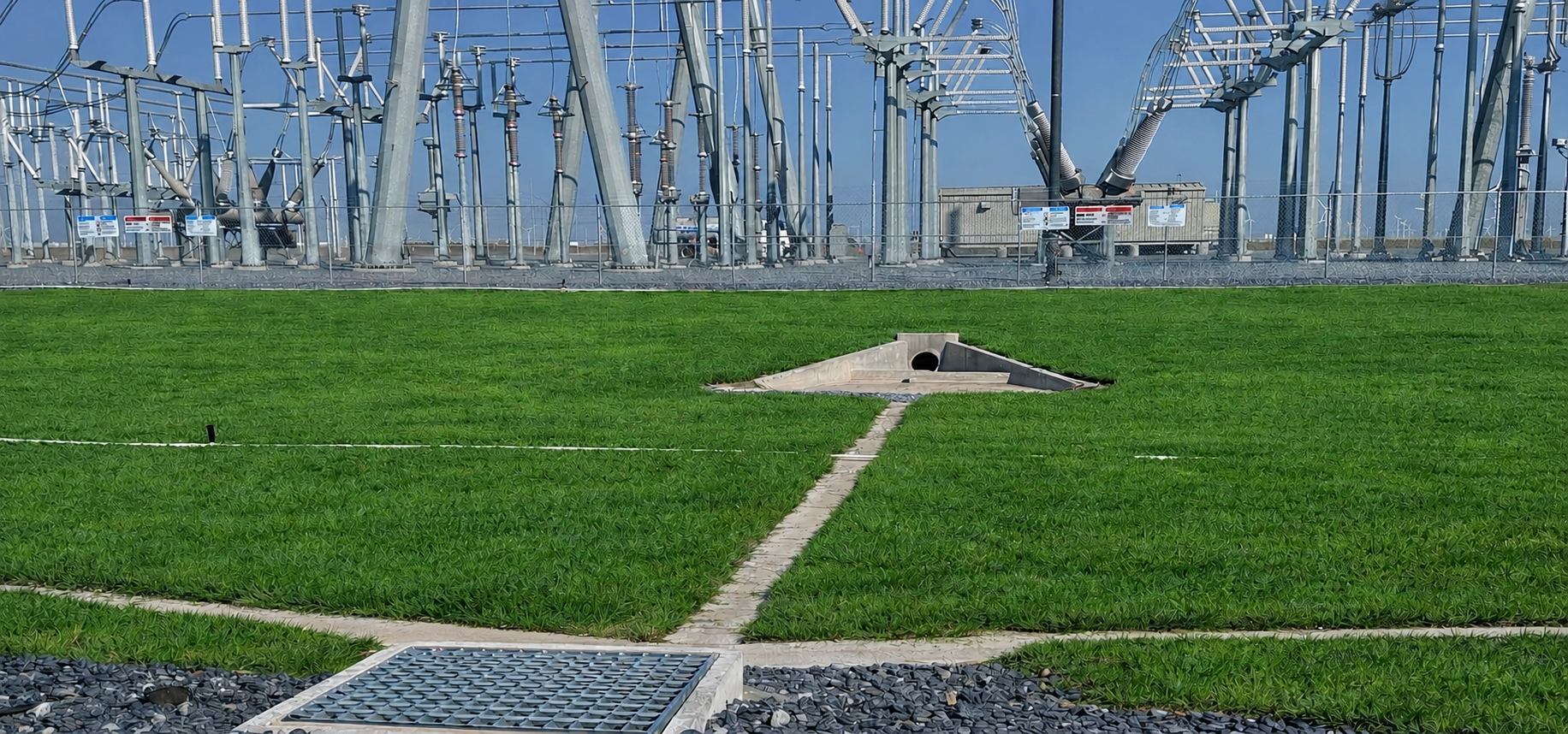 Valley gutter, sod installation, and headwalls, all installed by Pederson Construction at an AEP substation in Harlingen, TX.