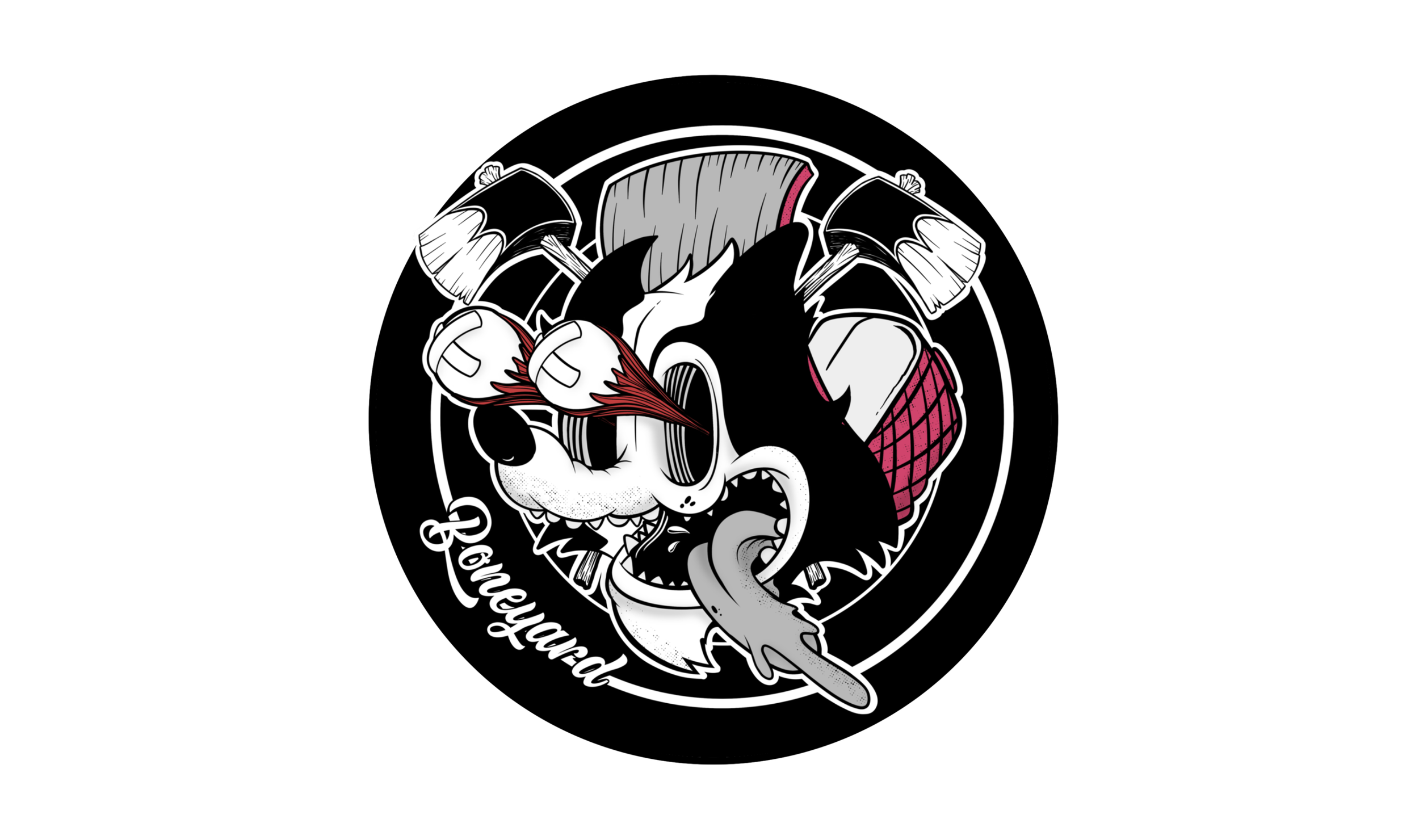 Illustration of a fierce black and white wolf with red accents, surrounded by baseball bats, with the word 'Beware' written below.