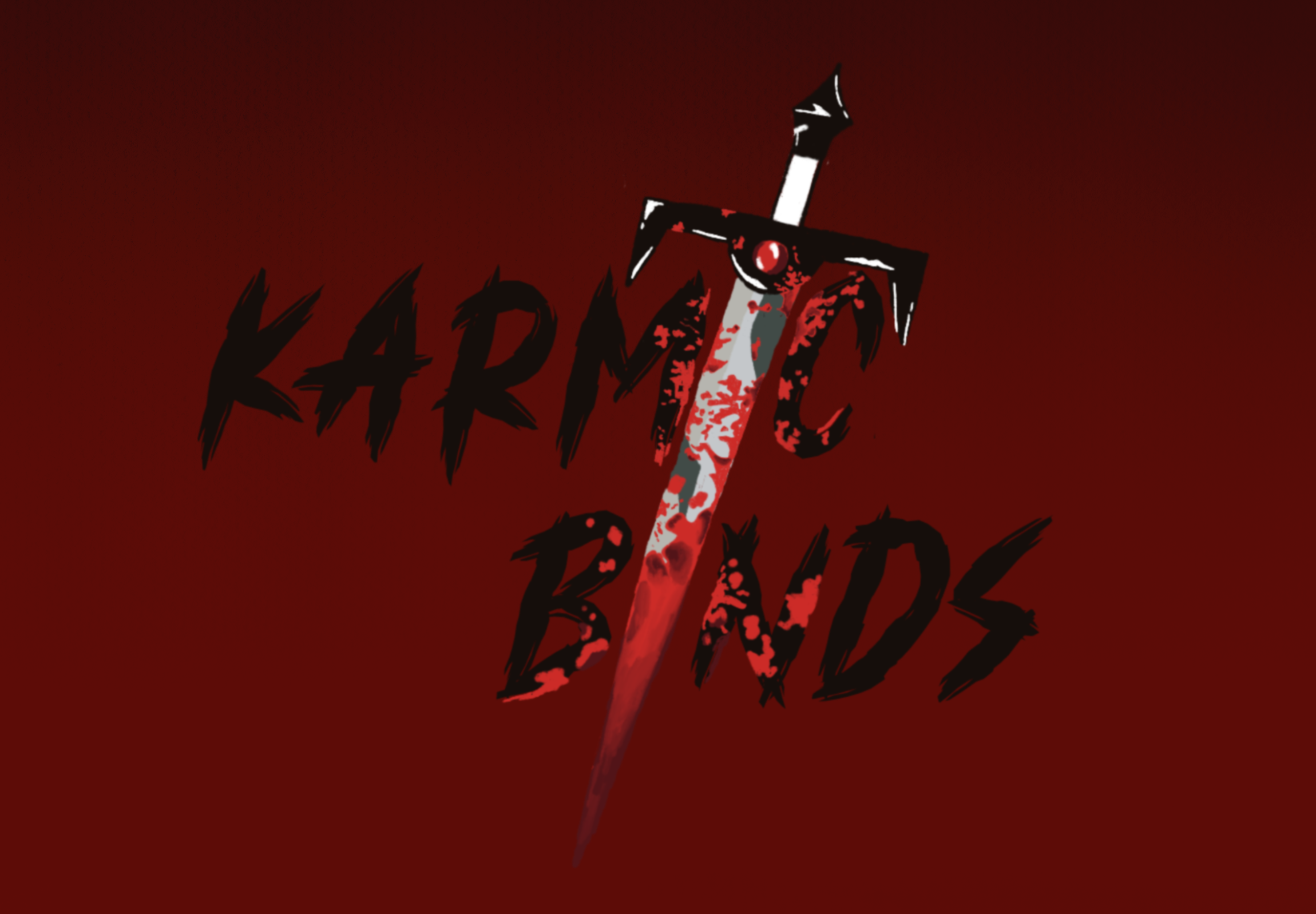 A dark red background with black, rough, hand-drawn text partially visible. There is a stylized, threatening-looking dagger or sword with bloodstains piercing through the center.