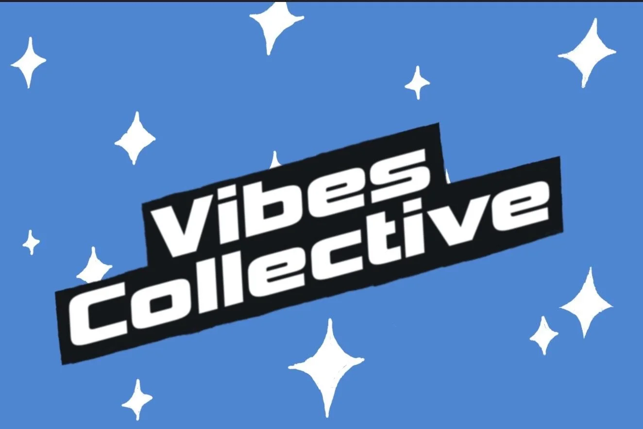 Graphic with a blue background, white stars, and the words "video collective" in bold black and white text.