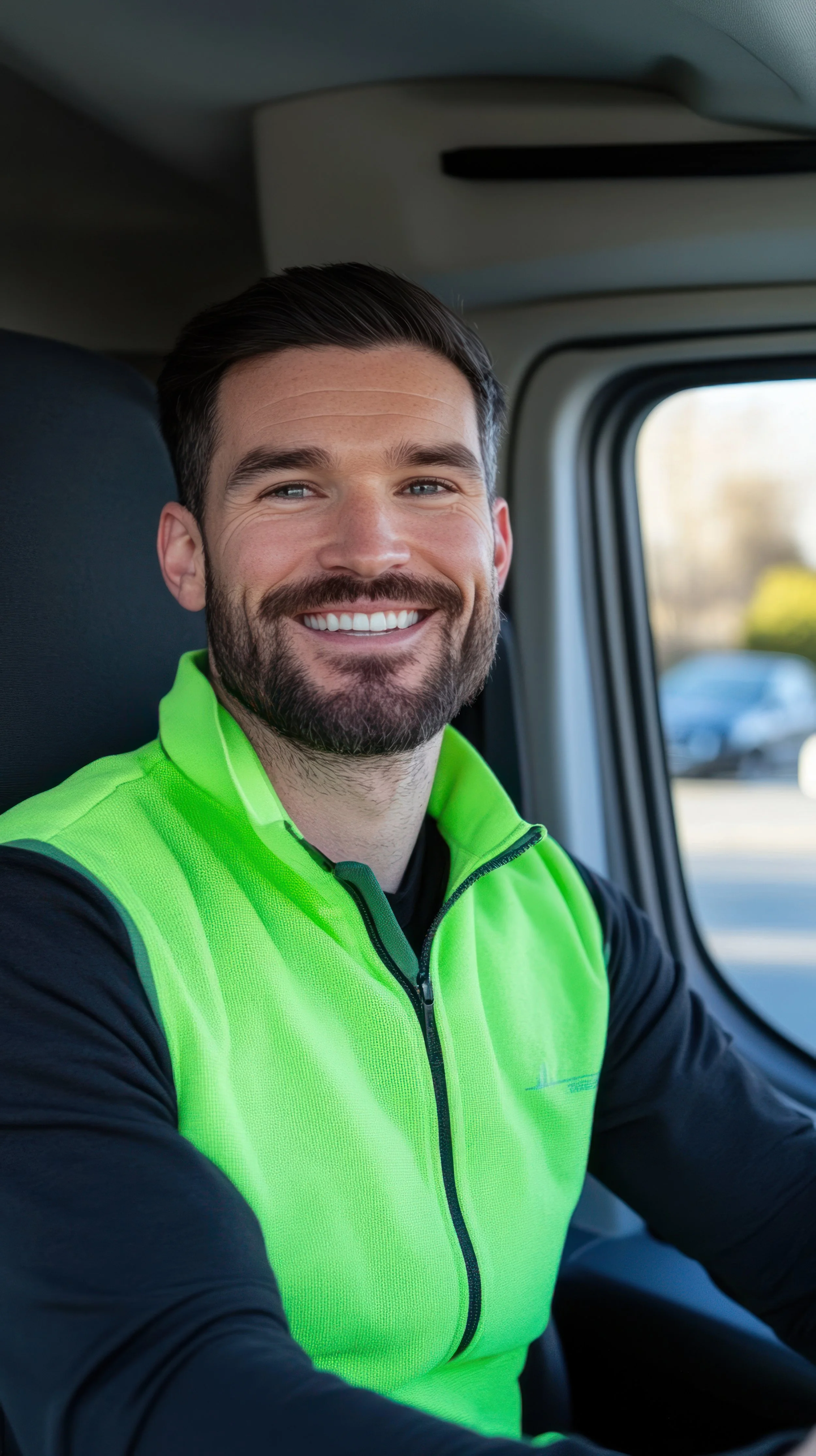 A man with a beard and short dark hair smiling, wearing a neon green safety vest and black long sleeve shirt, sitting in the driver's seat of a vehicle with a window showing a blurred outdoor scene.