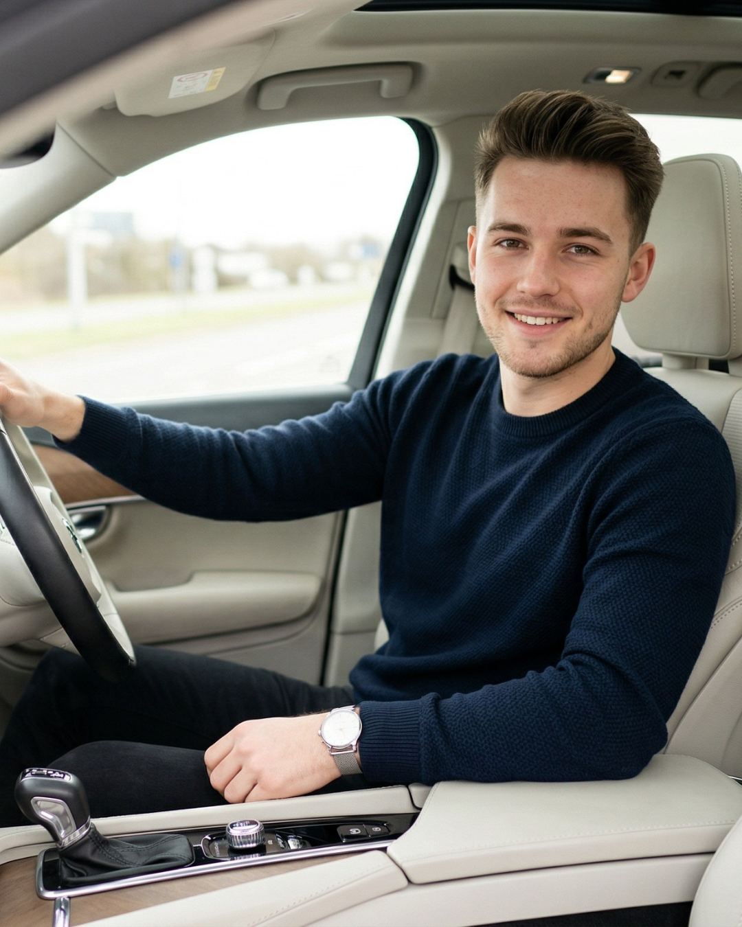 Smiling young man sitting in driver's seat of a car, holding steering wheel with his right hand, wearing a dark blue sweater and a watch, smiling at the camera.