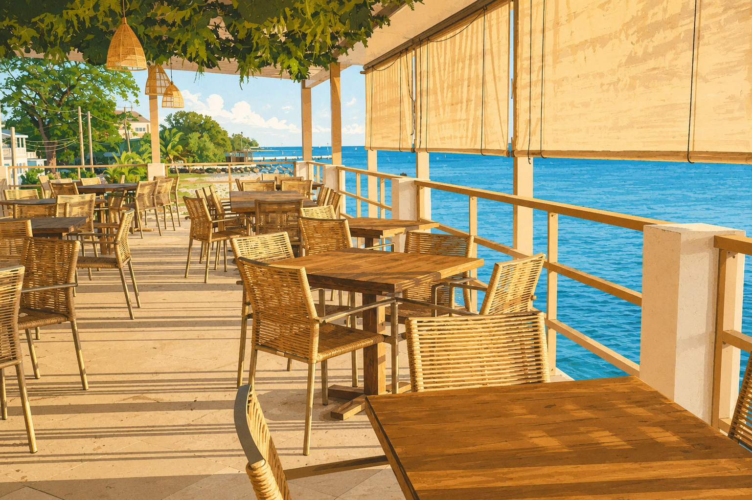 An outdoor seaside restaurant with wooden tables and chairs, shaded by leafy branches and bamboo blinds, overlooking water under a clear sky