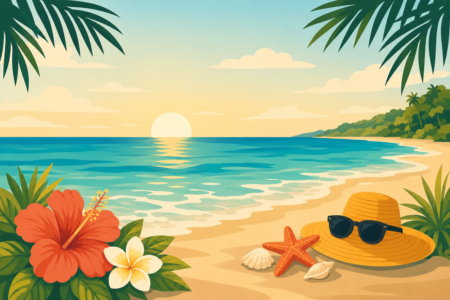 A tropical beach at sunset with a sandy shore, palm trees, a large sun setting over the water, colorful flowers, a straw hat, sunglasses, a starfish, and seashells.