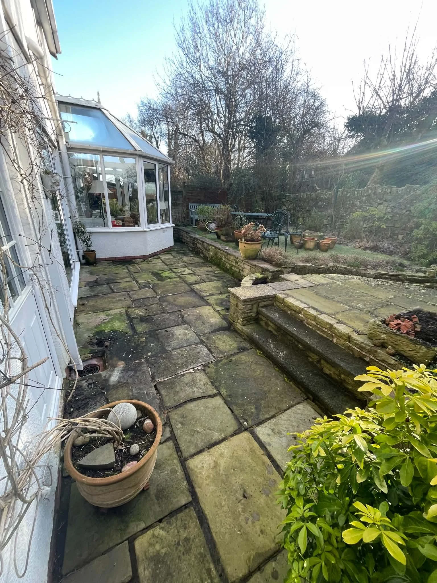 A backyard patio with aged stone paving, potted plants, leafless trees, a small chair, and a brick fire pit, with sunlight filtering through the sky.