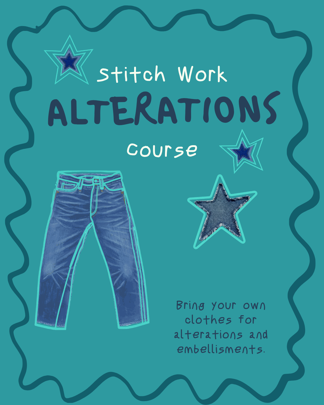 Cover of a Fabric Stitch Work Alterations Course, featuring a pair of denim jeans and decorative stars on a teal background.
