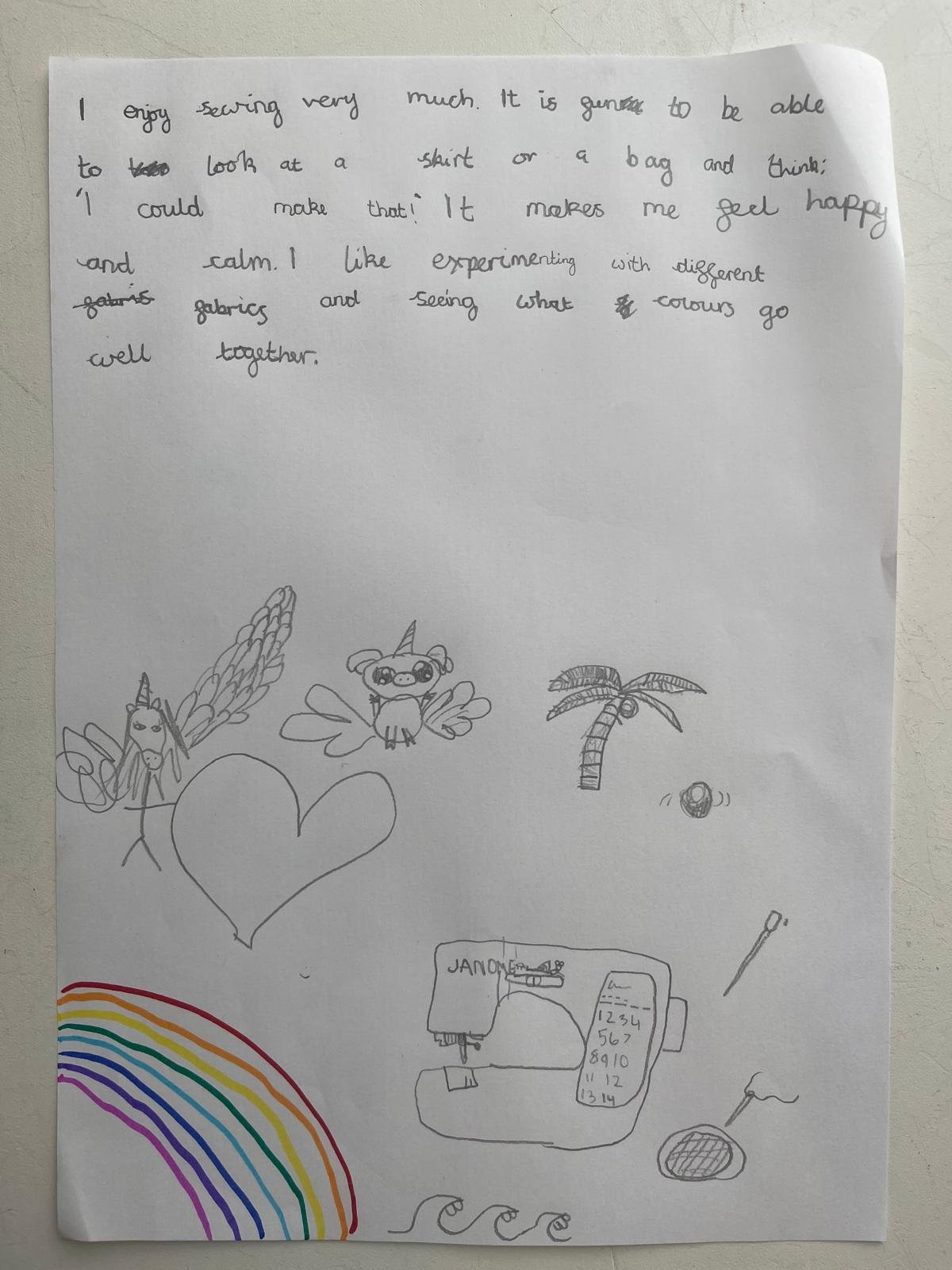 Handwritten note on a piece of paper with drawings of a rainbow, a unicorn, a bear with wings, a palm tree, a coconut, a sewing machine, and some wavy lines.