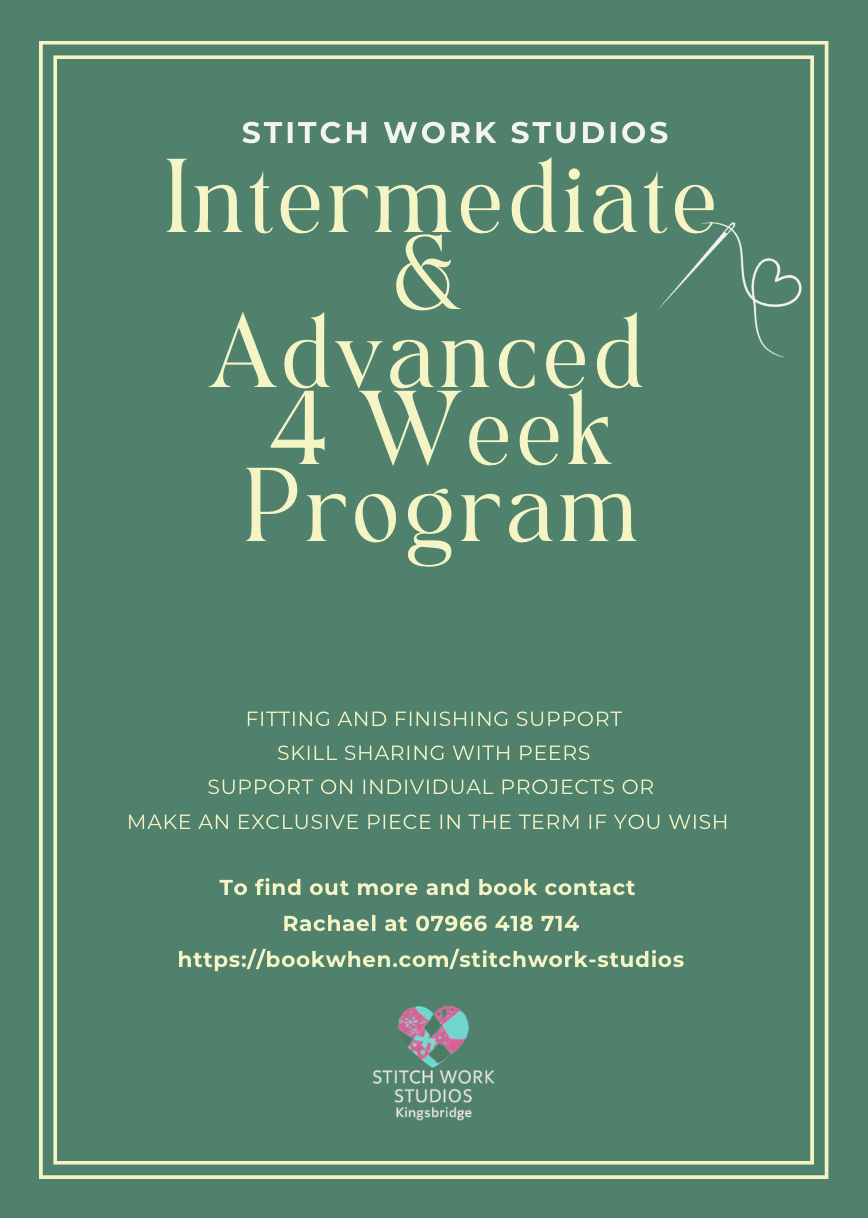 Flyer for Stitch Work Studios promoting an Intermediate & Advanced 4-week sewing program, with details about support, skill sharing, and contact information.