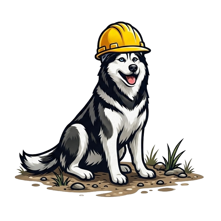 A cartoon husky dog wearing a yellow construction helmet, sitting on dirt with small plants and rocks, on a black background.