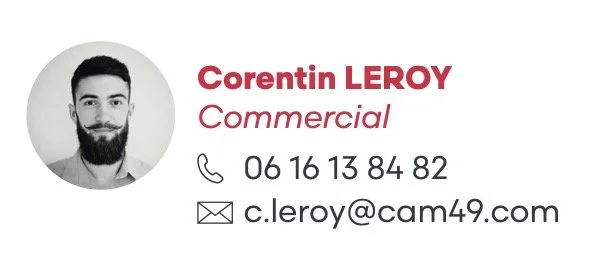 Carte de visite professionnelle avec photo de Corentin LEROY, catégorie commerciale, numéro de téléphone et mail