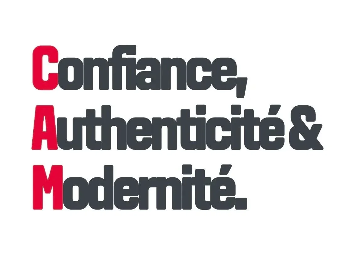 Confiance, Authenticité & Modernité sont les valeurs de la concession CAM avec les lettre C, A, M en rouge.