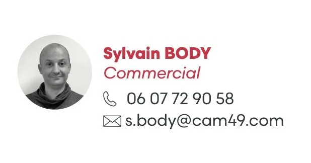 Carte de visite avec la photo d'un homme, nom Sylvain Body, poste Commercial, numéro de téléphone et mail