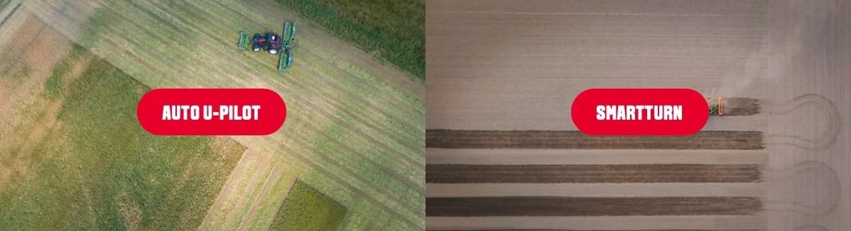 Photo d'équipements agricoles de nouvelles technologies montrant différentes techniques de traitement des champs. À gauche, Auto U-Pilot pulvérise un champ de manière systématique, à droite,  SMARTURN effectue un demi-tour automatique