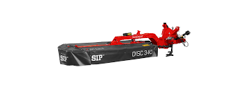 Une faucheuse rouge SIP SILVERCUT DISC 340 pour la fenaison dans les fermes.
