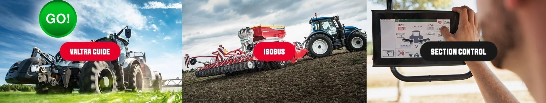 Photo d'équipements agricoles, nouvelles technologies VALTRA comprenant un tracteur, une machine de labour ISOBUS, et une interface de contrôle sur tablette utilisée par un opérateur