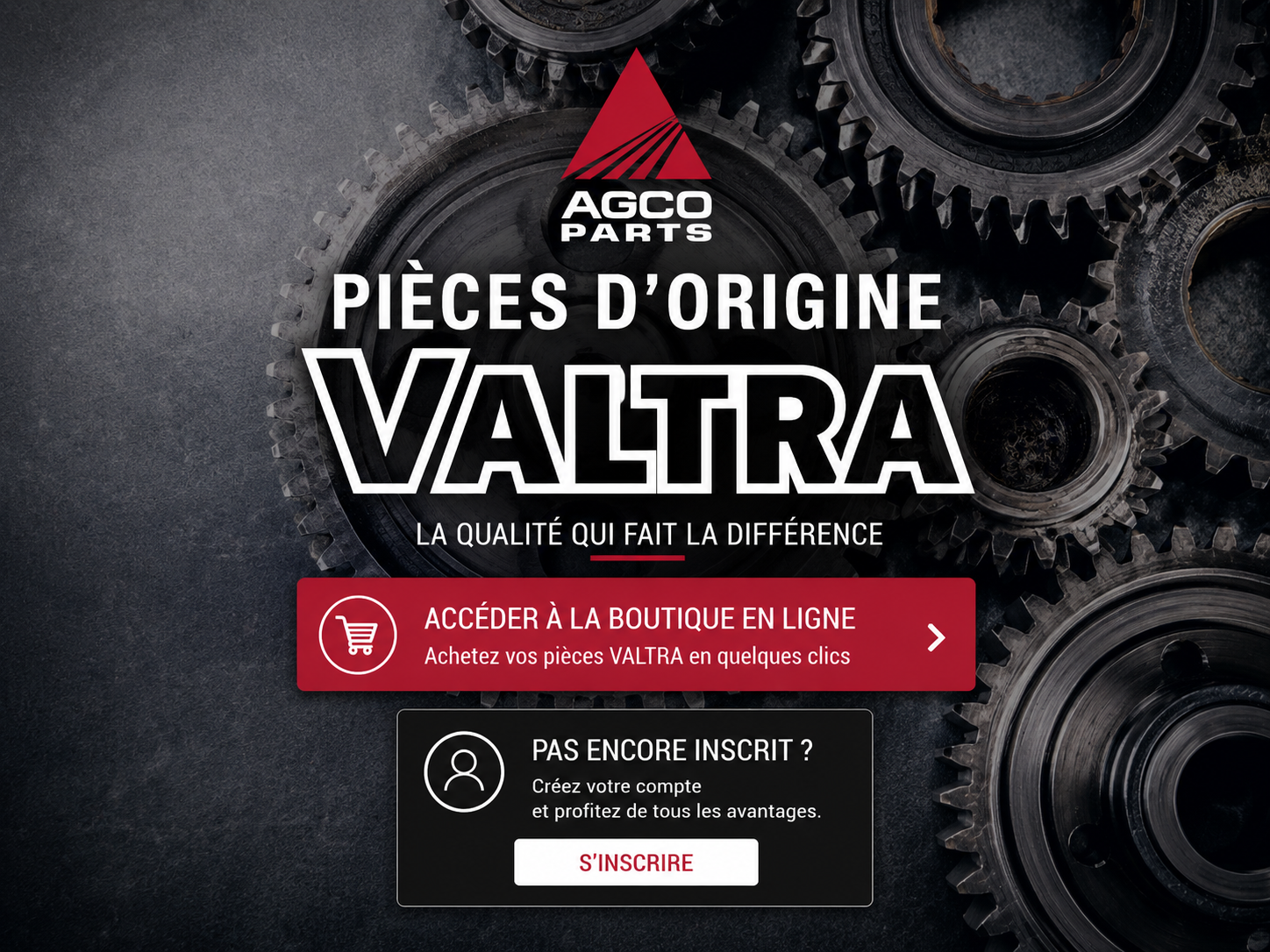 Site E-Commerce AGCO-VALTRA pour l'achat de pièces d'origine VALTRA, avec un lien pour accéder à la boutique en ligne et pour créer un compte.