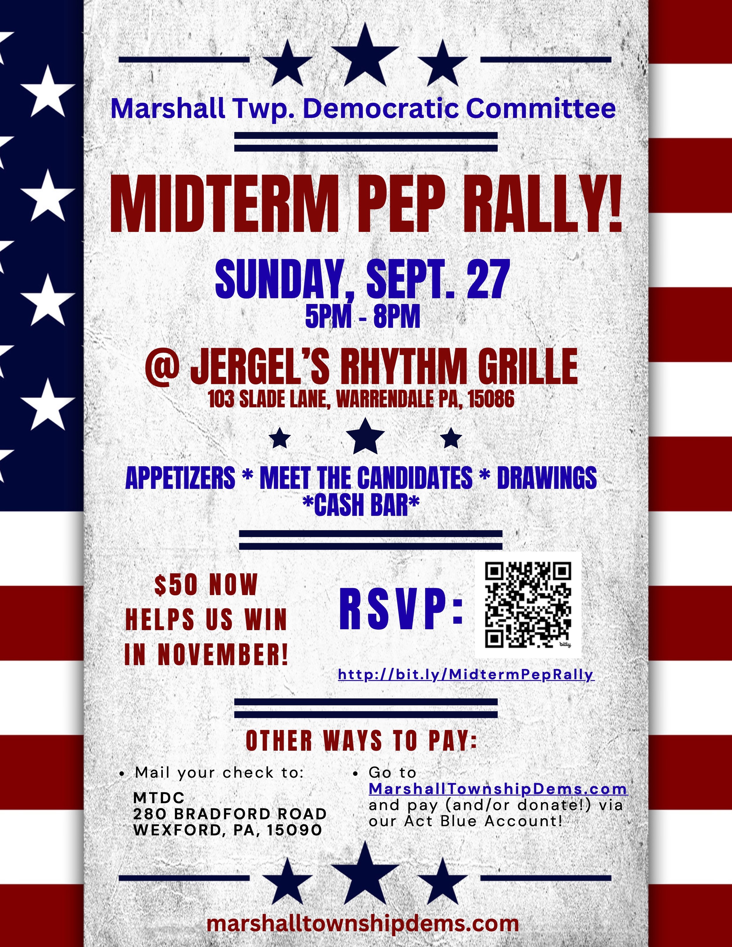 Marshall Township Democratic Committee's Midterm Pep Rally! 9/27 5-8p at Jergel's in Warrendale. Click the link to RSVP