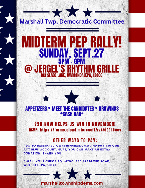 Our Midterm Pep Ralley fundraiser - Sunday Sept 29 at Jergel's in Warrendale, 5-8pm - RSVP today!