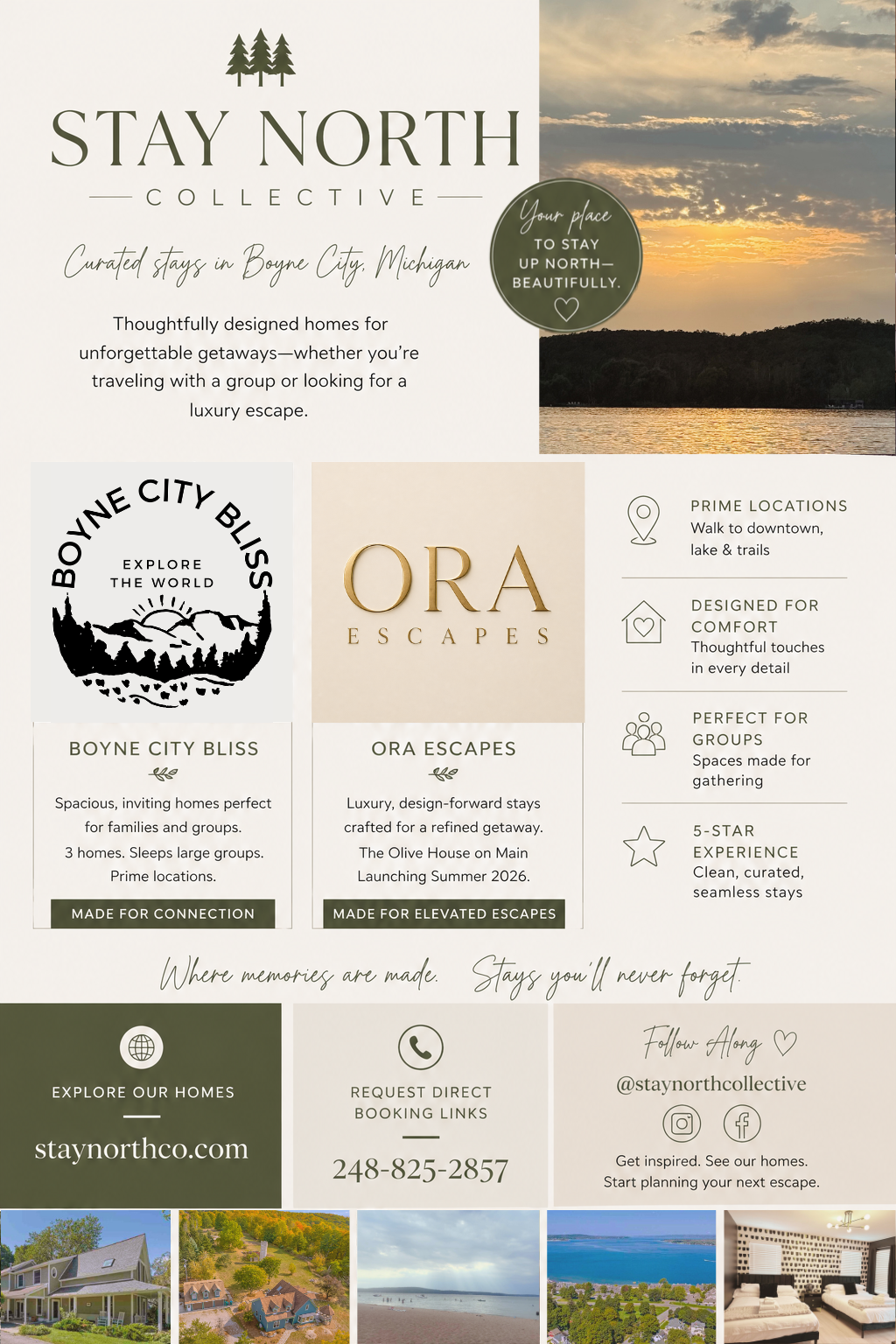 Advertisement for stay North Collective featuring curated vacation homes in Boyne City, Michigan. Includes logos, descriptions of properties Boyne City Bliss and Ora Escapes, highlights prime locations, comfort, group suitability, 5-star experience, and contact information. Contains sunset view over water and images of homes and landscapes.